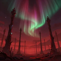 exotic landscape, slim and high columns pointing to the sky, sparse plants, weird, creepy, quiet, red color scheme, andromeda krogan nebula aurora wallpaper 3 d pixar disney digital cgi rtx hdr painting bioluminance alena aenami artworks in 4 kby loish beeple, by thomas kinkade