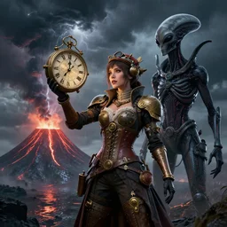 by kaburagi kiyokata and android jones, visually stunning, cinematic, ultra realistic, hyper realism, 1 2 k, epic, octane render, unreal engine, vfx, maya, a woman dressed in steam punk clothing holding a clock, speak to the storm, vitruvian alien, the volcano is wet, sure it'll be done to fantasies styles, circuitry, ornate