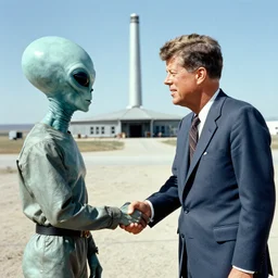 archive footage still of John F Kennedy shaking hands with an alien in front of Area 51 at mid day
