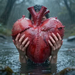 masterpiece, darling, seams stitched tightly, scars will remain, scrape them, wash off in the rain, river, complaints, heart, surreal, ( ( fantasy ) ), digital art, highly detailed, artstation