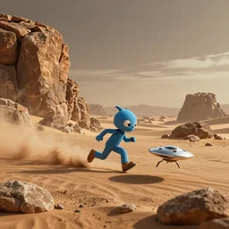 A rocky desert scene with a little blue alien boy being chased by a little chrome flying disk, drone, 4K UHD, wallpaper, artstation, photorealism, dramatic lighting, Dune style