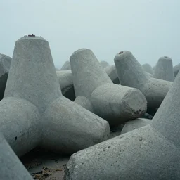huge concrete tetrapods stay on sand sea coast, on the low fog, film still from the movie directed by denis villeneuve with art direction by zdzisław beksinski, parts by denis villeneuve close up, shallow depth of field