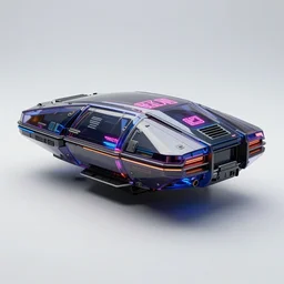 full shot of a box - shaped sci - fi flying vehicle made from dark glass and plastic surfaces with neon kanji decals in the style of bladerunner 2 0 4 9, peugeot prestige, side lights, studio lighting, octane render, light background