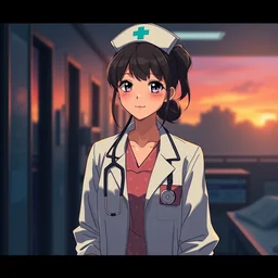 a film still of a cute nurse in white coat, hospital ward, sunset lighting, perfect faces, max details, anime, realistic, by stephan koldi