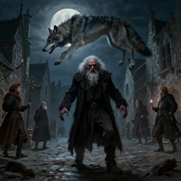 a creepy demonic old man stands in the middle of a medieval street and turns into a werewolf under a full moon, painting by gaston bussiere, craig mullins, j. c. leyendecker, 4 k, 8 k, trending on artstation, artstationhd, artstationhq, highest detail