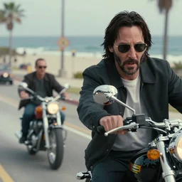 beautiful hyperrealism three point perspective film still of Keanu Reeves as neo in bullet time aiming at agent smith in a nice oceanfront promenade motorcycle chase scene in Matrix meets ronin(1990) extreme closeup portrait in style of 1990s frontiers in translucent porcelain miniature street photography fashion edition,, tilt shift style scene background, soft lighting, Kodak Portra 400, cinematic style, telephoto by Emmanuel Lubezki
