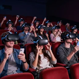 1 9 0 0 s photo of people using iphones ipods virtual reality headsets vr in a movie theater masterpiece