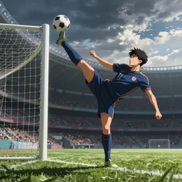 anime soccer player scores goal with high kick, hyper realism, octane render