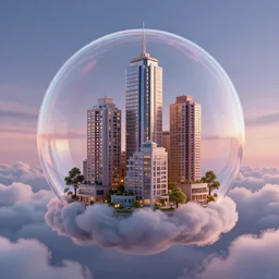miniature residential skyscraper inside a bubble, floating on clouds, realistic 3 d render, unreal engine, solarpunk, maya, 8 k, smooth, sharp focus, octane, twilight