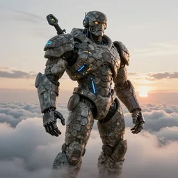 portrait of epic anthropomorphic cobble stone cyborg neon armor, in clouds, cinematic studio light, windy, sunrise, by gerald brom, by mikhail vrubel, by peter elson, muted colors, extreme detail, trending on artstation