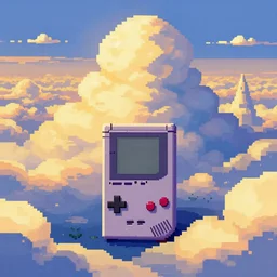 pixel art golden hour billowing stacks of clouds for the game boy color, fantastical wonderland