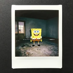 found polaroid photo, flash, interior abandoned, spongebob squarepants standing