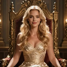 beautiful blonde woman standing in throne room, slight smile, octane render, hyper realism
