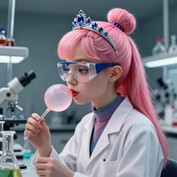 highly detailed, profile portrait of young adult princess bubblegum, experimenting in her science lab, wearing lab coat and safety glasses and sapphire tiara, bubblegum hair with sapphire tiara, bubblegum face, bubblegum body, depth of field, illustration, concept art by nicoletta ceccoli, mark ryden, lostfish, detailed and intricate environment, 8 k resolution, hyperrealistic, octane render