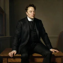 Elon musk sitting on a wooden table, renaissance painting, 1700s, old