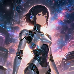 makoto shinkai. robotic android girl. futuristic cyberpunk. dystopia. vibrant nebula sky. du