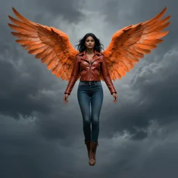 angel avan jogia with orange-feather wings. Leather jacket, boots and jeans. Floating in a stormy sky. Smooth brown skin. Long black hair. Distant full body shot. Artwork by Alex Ross