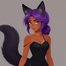 a woman with black fox ears and a fox nose, she has purple hair tied up in to a ponytail, she has orange tanned skin, and is wearing a black dress. painted artwork, furry art, fur - affinity, deviant art