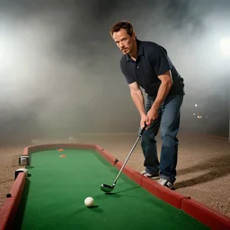 tony stark playing mini golf in nevada, fog, mid night, 2000s photo