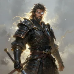 wandering samurai paladin glowing white eyes, shaggy hair, scruffy beard, d&d character art, full body, portrait, realistic, hyper real, unreal engine, painting
