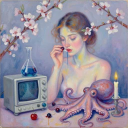 pastel drips, portrait of a female art student, scientific glassware, oscilloscope, x - ray, sensual, sweet almost oil, almond blossom, squashed berries dripping, octopus, candlelight, neo - impressionist, surrealism, acrylic and spray paint and oilstick on canvas