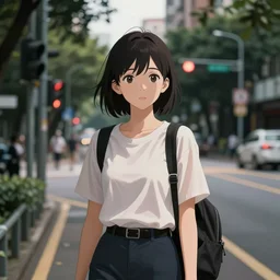 street photography portrait, taipei, a beautiful detailed anime still in streetscape shaded park, traffic lights, octane render split lighting 8 k volumetric ambient studio lighting, cinematic, olympus, prime lens