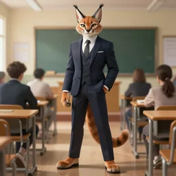 full body photograph of a male anthropomorphic caracal fursona wearing a nice suit in a school classroom, deep focus, intricate, elegant, highly detailed, digital painting, artstation, concept art, matte, sharp focus, illustration, d & d, fantasy, hearthstone, art by artgerm and greg rutkowski and alphonse mucha