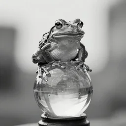 A big frog with a wide open mouth, sitting on top of a backlit glass sphere. Monochrome, 24mm tilt-shift. Award-winning photo.