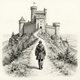 pencil art, highly detailed, picture of hero walking on a path of a castle on a mountain