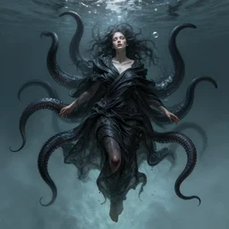 hyper realist matte digital painting of a beautiful pale human, wrapped in black tentacles, floating wet fabric, floating in water, bubbles rising, fantasy art, photo realistic, dynamic lighting, artstation, volumetric lighting, by charlie bowater, by karol bak