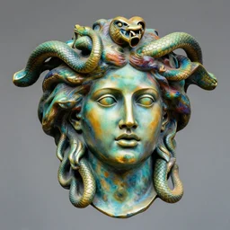colorful bronze statue medusa's head of snake for hair