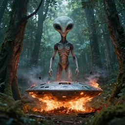 extraterrestrial in the forest with his spaceship on fire