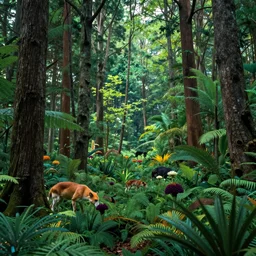 a landscape of a mystical colorful forest filled with life