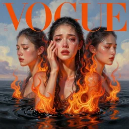 3 d, crying fashion model, flame, liquid black water, morning, vogue cover style, poster art, high detail, intricate oil painting, multiple exposure, heaven mood, hyperrealism, 3 d, by tooth wu and wlop and beeple and greg rutkowski
