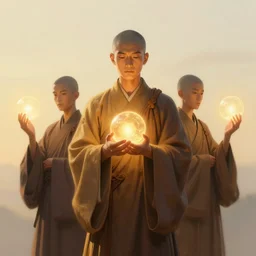 shaolin monks holding an orbs of light. fantasy, digital painting, golden hour, 8 k, highly detailed. realistic award, disney concept art, watercolor splash, illustration by mandy jurgens, alphonse mucha hidari and wlop and greg rutkowski