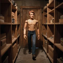 vhs footage of a wooden storage room with an animatronic man walking from out of the shadows