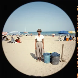 kodak portra 4 0 0, wetplate, 8 mm extreme fisheye, 1 9 3 0 s colour portrait of dressed people on a beach, umrellas and sailboats by the sea on a sunny day, by saul leiter, insanely detailed, insanely intricate, depth of field, blueberry
