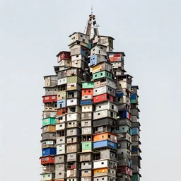 huge towers made up of colourful stacked squatter shacks and makeshift brutalist shelters, mamiya, f 1. 7, uniform plain sky, fine details, minimalist, photographed by frans lanting and sugimoto