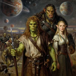 epic fantasy full cast movie poster starring a peasant with green skin and an angry orc warrior and a pretty elf spy and a backdrop of an orc army and planets realistic oil painting by Thomas Cole and Wayne Barlowe