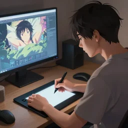 a digital painting of an anime bedroom ; close up of a ( ( young anime man ) ) sitting at his desk, tired and staring at the computer while drawing on a wacom tablet ; a hd screenshot from the anime film ; dramatic lighting and composition, beautiful colours, trending on artstation, back view