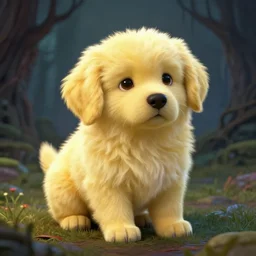 cute yellow fluffy puppy dog. style of lovecraft horror fantasy.