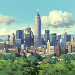 Skyline, Details, illustration , in the style of Studio ghibli, tekkon kinkreet, akira, breath of the wild, myazaki, anime, clean render, denoise, rule of thirds