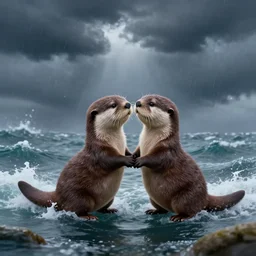 beautiful fantasy illustration of a pair of adorable otters falling in love holding hands in a huge storm at sea cinematic dreamlike detailed trending on artstation masterpiece