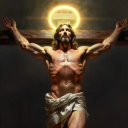 jesus as a bodybuilder on the cross by greg hildebrandt, halo above head, dramatic lighting