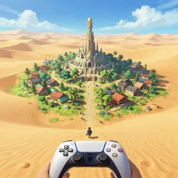 an isolated but lively village with spiritual sacred alien architecture in the lush oasis of a vast hot sand desert, 3 rd person action adventure, screenshot, gameplay, final fantasy, square enix, jrpg, cutscene, unreal engine, 4 k, ultra high settings, rtx, next gen graphics, playstation 5, greg rutkowski, tetsuya nomura, artstation, concept art