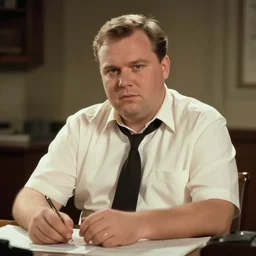 clean - shaven chubby white wearing a shirt and necktie sitting at a desk, 1 9 8 9 movie still, cinematography, cinematic lighting