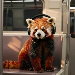 red panda with headphones sitting on a seat in a metro car