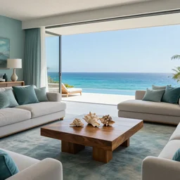 A modern living room in a ocean hues style next to a big terrace overlooking the ocean, sea shells on top of a luxurious wooden coffee table in the center, inspired by the ocean, calm, relaxed style, harmony, wide angle shot, 8k resolution, ultra detailed