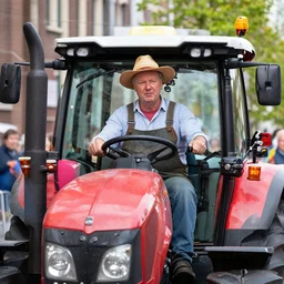 mark rutte driving a tractor dressed as a farmer, protesting at the Hague