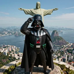 a highly detailed picture of, the darth vader as the christo redentor dabbing over rio de janeiro and shouting poggers, ultrawide lens, art by john collier and albert aublet and krenz cushart and artem demura and alphonse mucha, volumetric lighting, octane render, 4 k resolution, trending on artstation, masterpiece